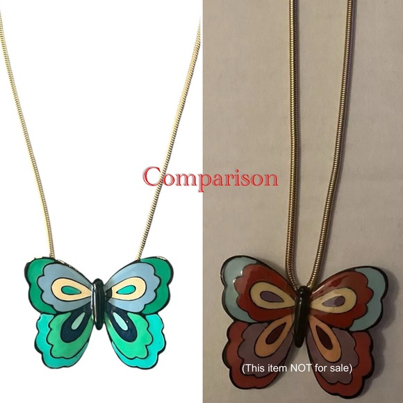Eisenberg • Vintage Enamel Modernist Butterfly Pendant Necklace Gold Tone Green - Picture 12 of 15